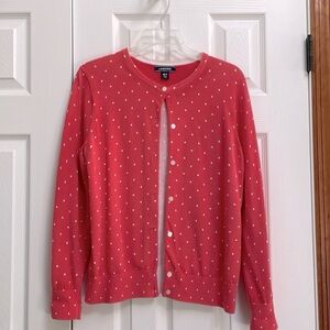 Land’s End ladies cotton cardigan, coral color, white polka dots, size MP